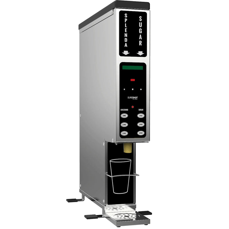 SureShot AC2-GP-18 sugar and sweetener dispenser, narrow stainless steel unit with black control panel, angled view