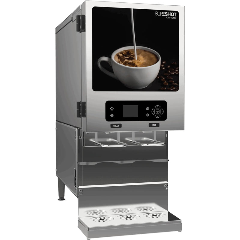 SureShot FlexoShot 2.0 AC220-V2SST milk and cream dispenser in stainless steel with coffee graphic panel, front angle