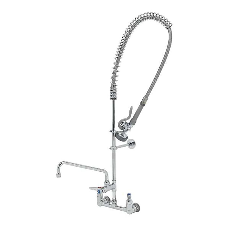 T&S Brass Easy Install wall-mount pre-rinse faucet with spray valve, flexible hose and add-on swing spout