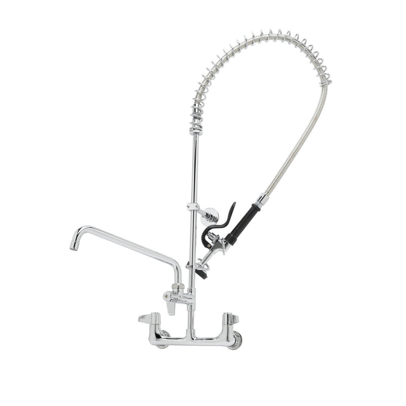T&S Brass Equip Line wall mount pre-rinse faucet in chrome with spring hose, spray valve and add on swing spout