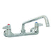 T&S Brass Equip Line wall-mount swing neck faucet in chrome-plated brass with lever handles, front view