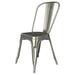 Tarrison Amelia all-weather stackable metal side chair in brushed silver with high curved back, angled front view