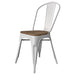 Tarrison Amelia indoor stackable metal side chair in white with wood seat and high curved back, angled front view