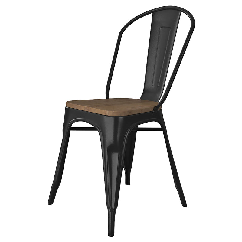 Tarrison Amelia indoor stackable metal side chair in black with wood seat and high curved back, angled front view