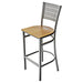 Tarrison Aria bar stool with silver metal frame, slotted back, footrest and natural wood seat, angled view