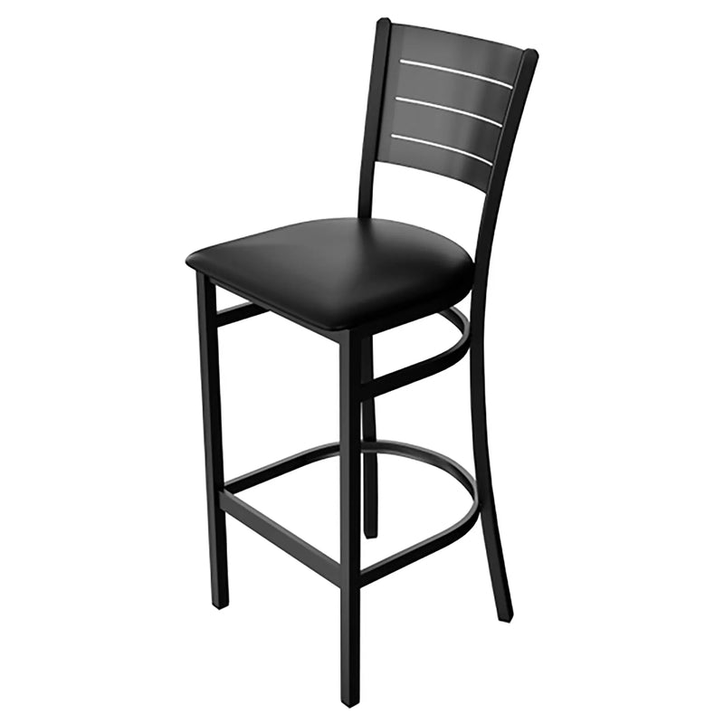 Tarrison Aria bar stool with black metal frame, slotted back, footrest and black vinyl padded seat, angled view