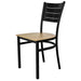 Tarrison Aria side chair with black metal frame, slotted back and natural wood seat, angled front view