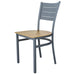 Tarrison Aria side chair with silver metal frame, slotted back and natural wood seat, angled front view