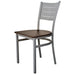 Tarrison Aria side chair with silver metal frame, slotted back and dark walnut wood seat, angled front view
