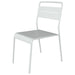Tarrison Garrett all-weather stackable aluminum side chair in white with slatted seat and back, angled front view