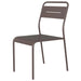 Tarrison Garrett all-weather stackable aluminum side chair in bronze brown with slatted seat and back, angled view