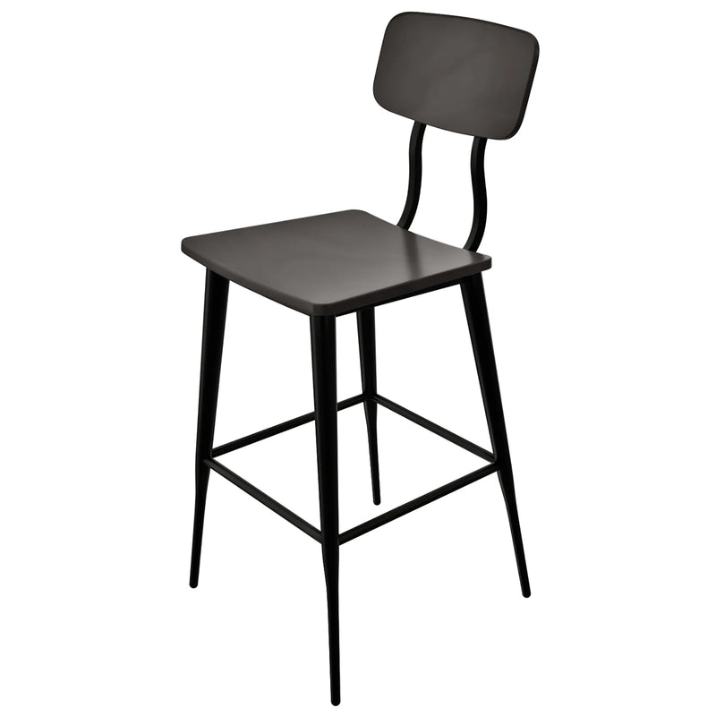 Tarrison Kate bar stool with black metal frame, footrest rungs, black seat and curved black backrest, angled view
