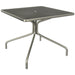 Tarrison Maddox all-weather square mesh table in metallic grey, larger size option with umbrella hole, angled view