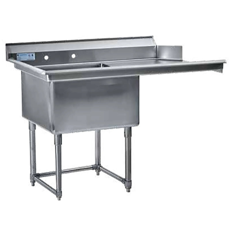 Thorinox single basin dish washing sink in stainless steel with left and right drainboards, backsplash and legs, angled
