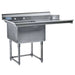 Thorinox single basin dish washing sink in stainless steel with left and right drainboards, backsplash and legs, angled