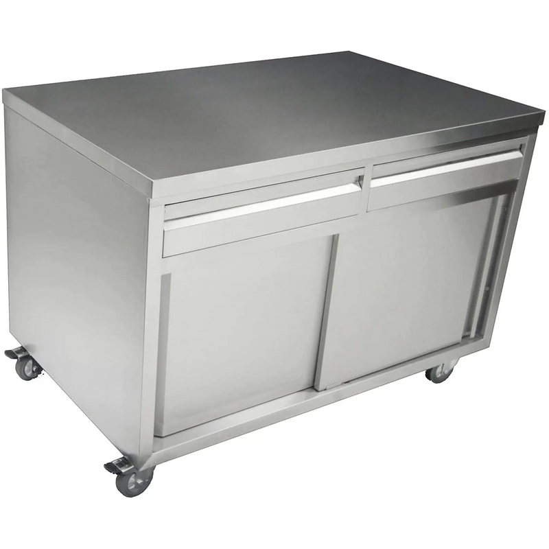 Thorinox TCAD series stainless steel closed dish cabinet with drawer, sliding doors and casters, angled view