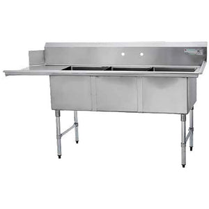 Thorinox triple basin dish washing sink in stainless steel with left and right drainboards and backsplash, angled view