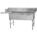 Thorinox triple basin dish washing sink in stainless steel with left and right drainboards and backsplash, angled view