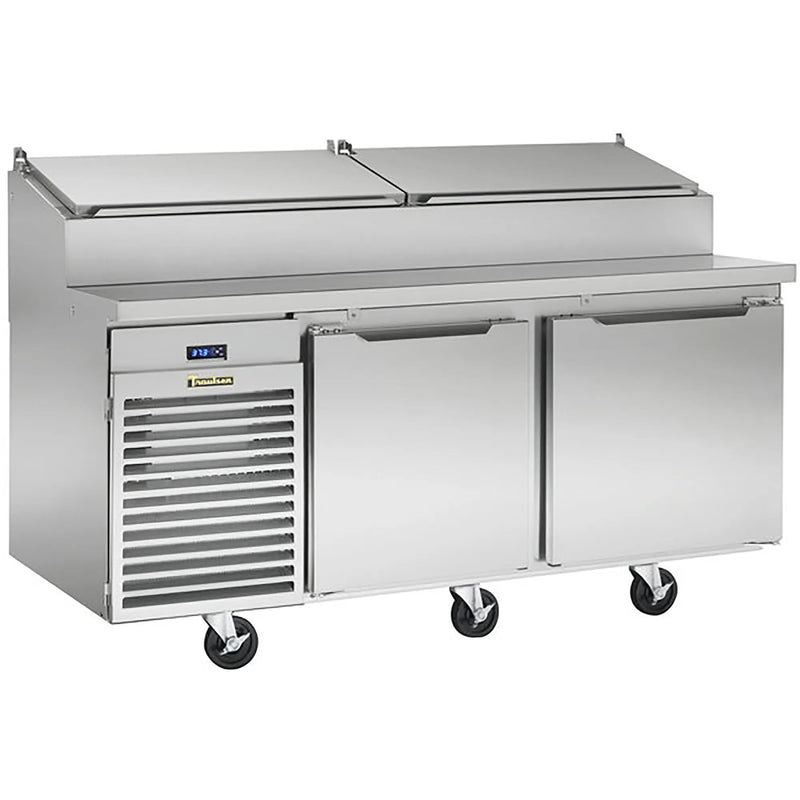Traulsen TS066HT 66-inch two door stainless steel refrigerated pizza prep table with covered pan rail, angled view
