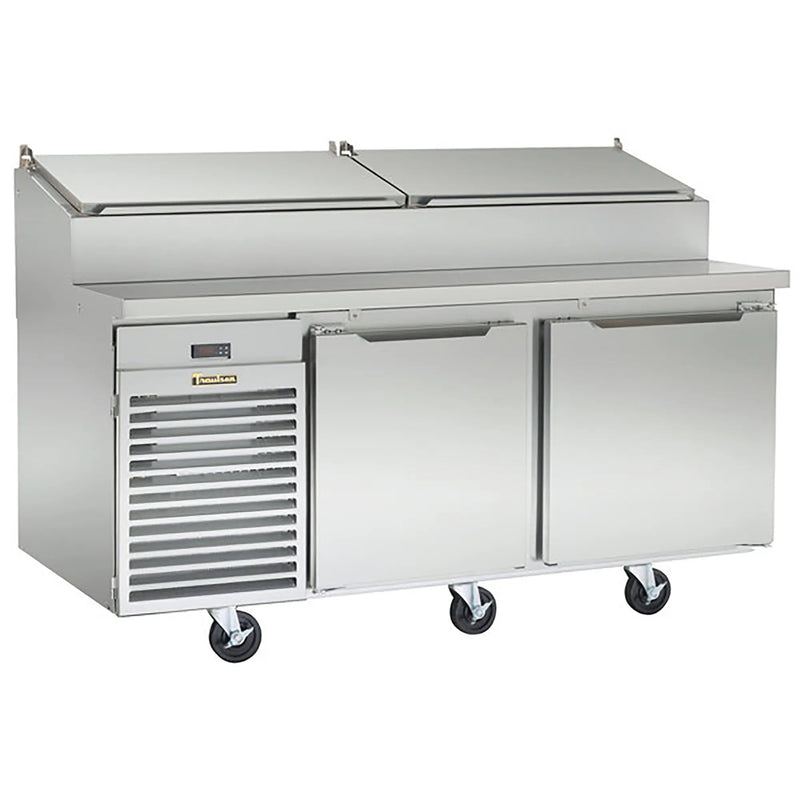 Traulsen TS072HT 72-inch two door stainless steel refrigerated pizza prep table with lids closed, angled view
