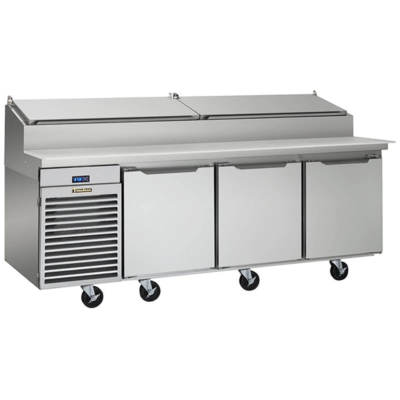 Traulsen TS090HT 90-inch three door stainless steel refrigerated pizza prep table on casters, angled view