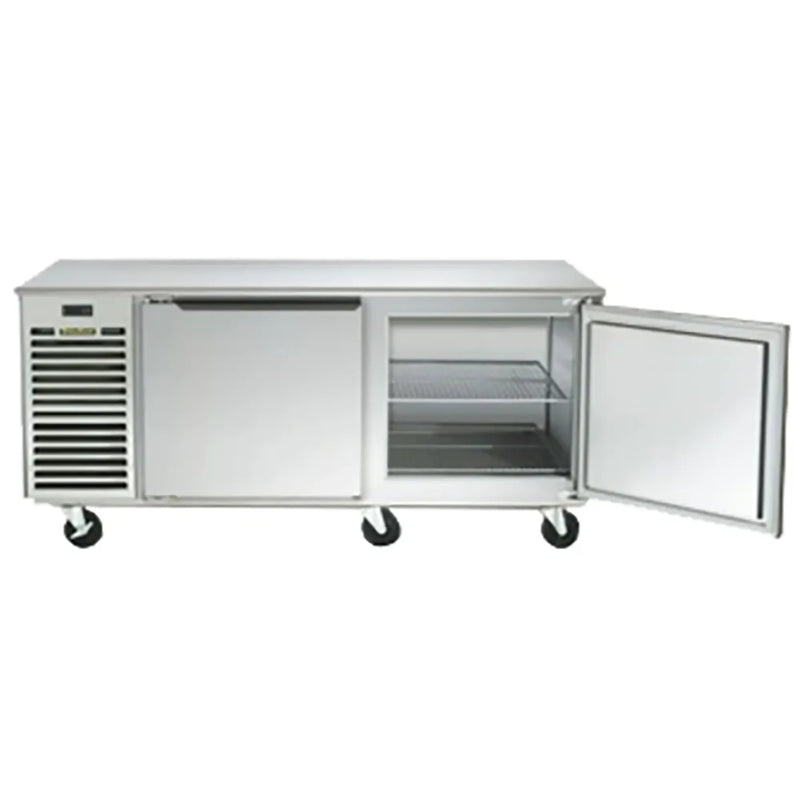 Traulsen TU072HT 72-inch two door side mounted refrigerated work table with right door open showing interior