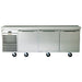 Traulsen TU100HT 100-inch three door stainless steel side mounted refrigerated work table on casters, angled view