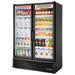 True FLM-54~TSL01 54-inch black double door full length glass display refrigerator stocked with dairy and juice