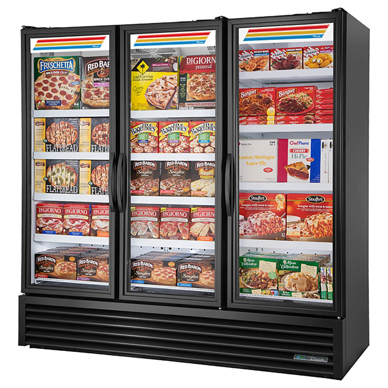 True FLM-81F~TSL01 81-inch black triple door full length glass display freezer stocked with frozen meals