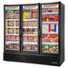 True FLM-81F~TSL01 81-inch black triple door full length glass display freezer stocked with frozen meals