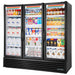 True FLM-81~TSL01 81-inch black triple door full length glass display refrigerator stocked with groceries