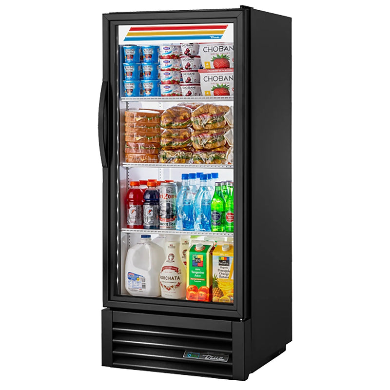 True GDM-10-58-HC-TSL01 25-inch black single glass door display refrigerator stocked with drinks and food