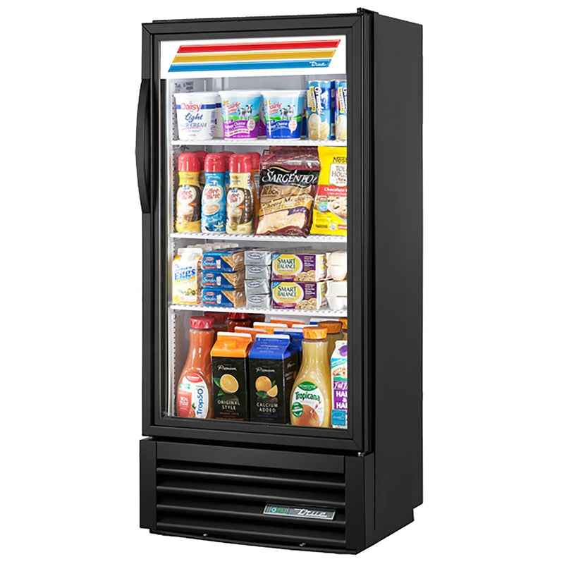 True GDM-10SSL-HC~TSL01 25-inch black single door shallow glass display refrigerator with stocked shelves