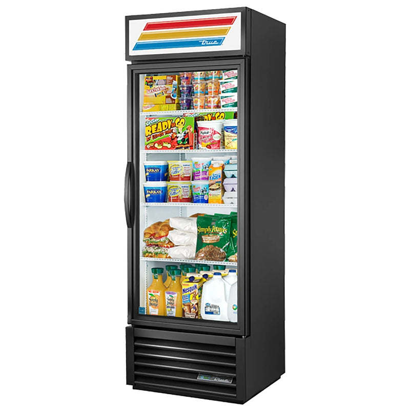 True GDM-19T-HC~TSL01 27-inch black single glass door display refrigerator, tall narrow merchandiser