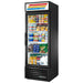 True GDM-23-HC~TSL01 27-inch black single glass door display refrigerator stocked with drinks and snacks