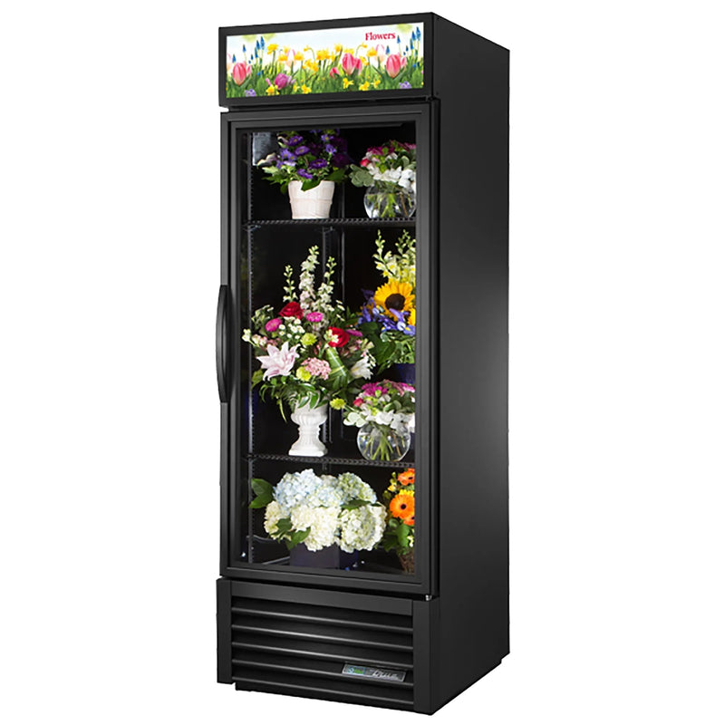 True GDM-23FC-HC~TSL01 25-inch black single glass door flower display refrigerator with floral sign panel