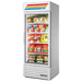 True GDM-26F-HC~TSL01 30-inch white single glass door display freezer stocked with frozen foods