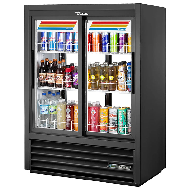 True GDM-33CPT-54-HC-LD 40-inch black double sliding door pass-through display refrigerator stocked with drinks