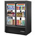 True GDM-33CPT-54-HC-LD 40-inch black double sliding door pass-through display refrigerator stocked with drinks