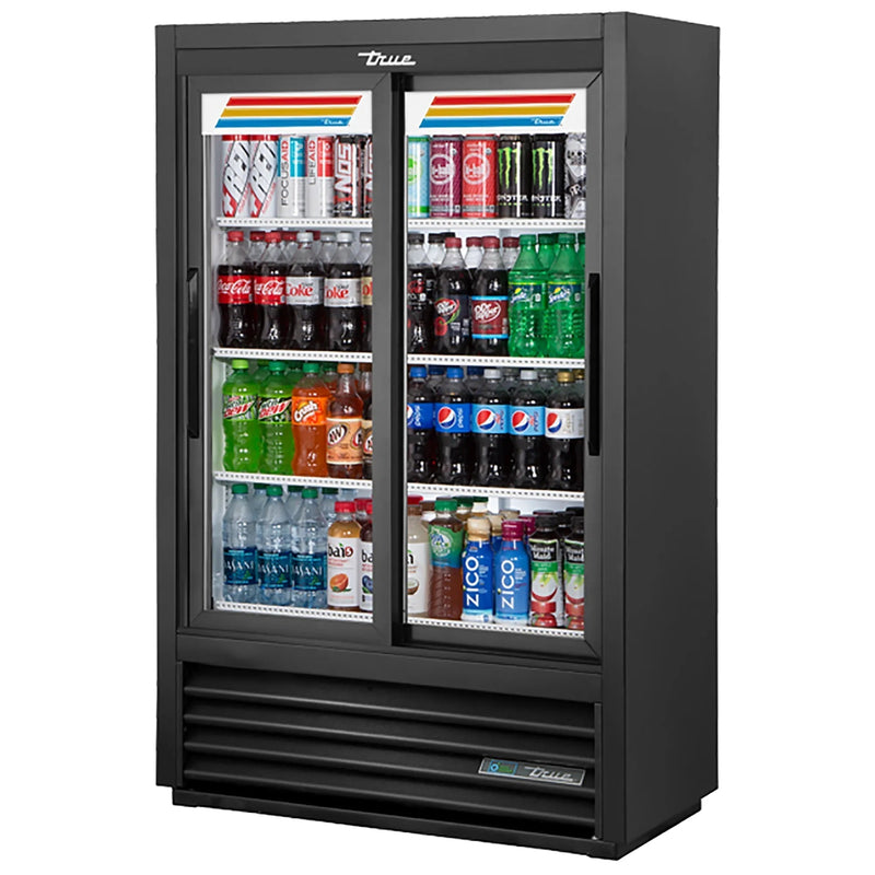 True GDM-33SSL-56-HC-LD 36-inch black double sliding glass door shallow display refrigerator stocked with soda