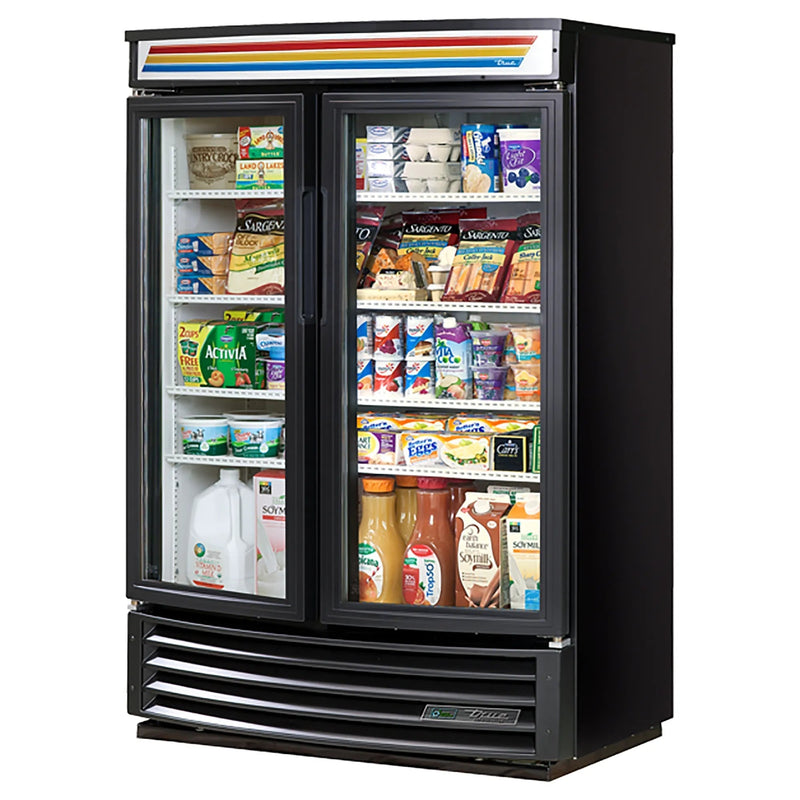 True GDM-35SL-RF-HC-LD 40-inch black double door front curved glass display refrigerator, stocked, angled view