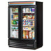 True GDM-35SL-RF-HC-LD 40-inch black double door front curved glass display refrigerator, stocked, angled view