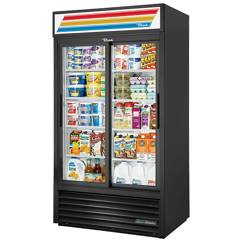 True GDM-37-HC-LD 44-inch black double sliding glass door display refrigerator with lighted sign, stocked