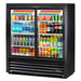 True GDM-41SL-54-HC-LD 47-inch black double sliding door shallow display refrigerator stocked with bottled drinks