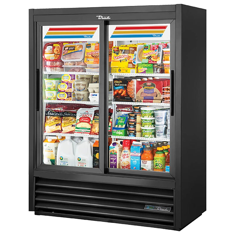 True GDM-41SL-60-HC-LD 47-inch black double sliding door shallow glass display refrigerator stocked with food