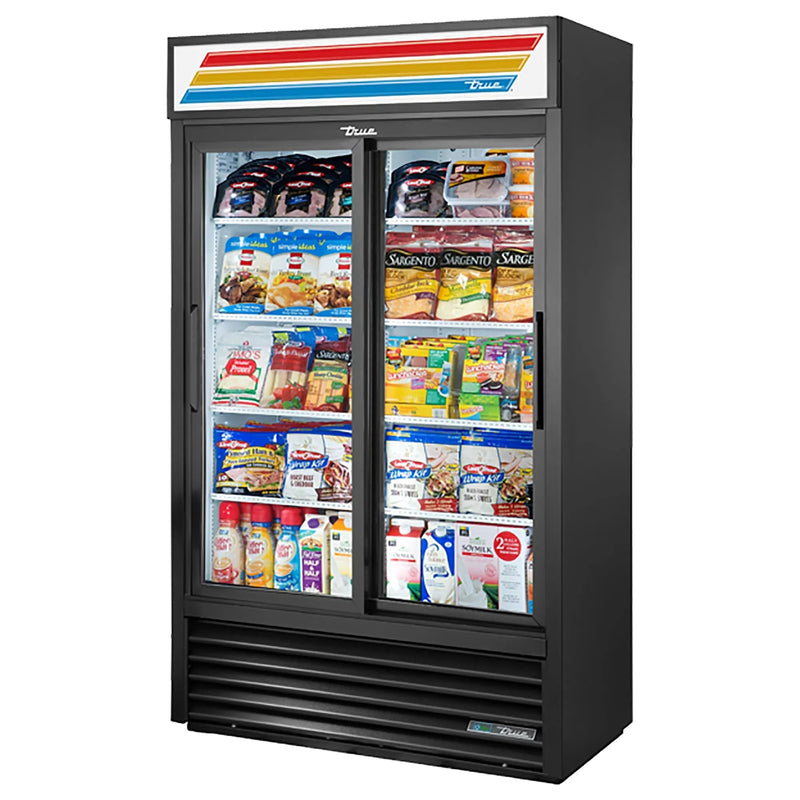 True GDM-41SL-HC-LD 47-inch black double sliding glass door display refrigerator with lighted sign, stocked