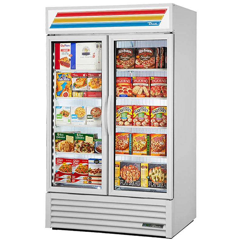 True GDM-43F-HC~TSL01 47-inch white double glass door display freezer stocked with frozen meals