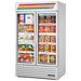 True GDM-43F-HC~TSL01 47-inch white double glass door display freezer stocked with frozen meals