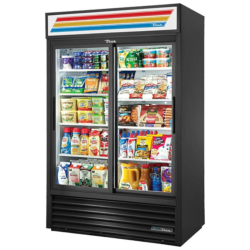 True GDM-45-HC-LD 51-inch black double sliding glass door display refrigerator stocked with snacks and drinks
