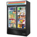 True GDM-45-HC-LD 51-inch black double sliding glass door display refrigerator stocked with snacks and drinks